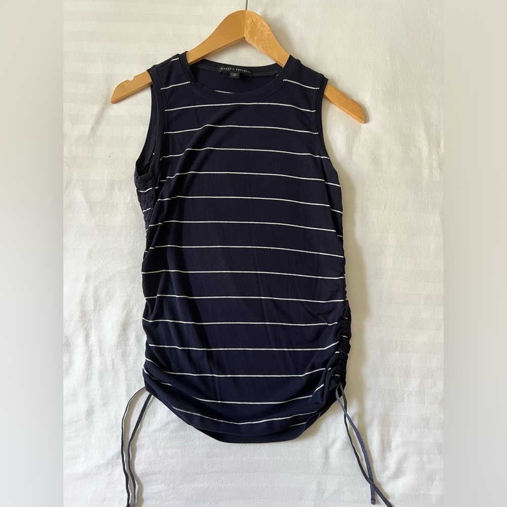 BANANA REPUBLIC Navy & White Striped Side Ruched Tie Sleeveless Top - Picture 3 of 4